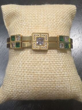 Gold-Tone Bracelet with Green and Clear Square Stones